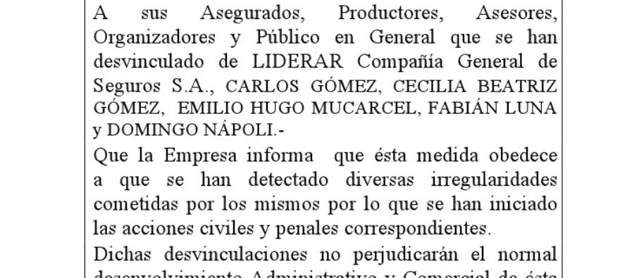 Comunicado DE LIDERAR SEGUROS. Desvinculación.