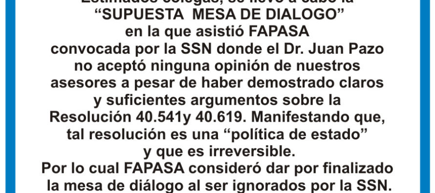Comunicado oficial FAPASA: fracasó diálogo con SSN