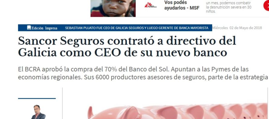 SANCOR SEGUROS contrató al ex CEO del Banco Galicia para su banco, BANCO DEL SOL.