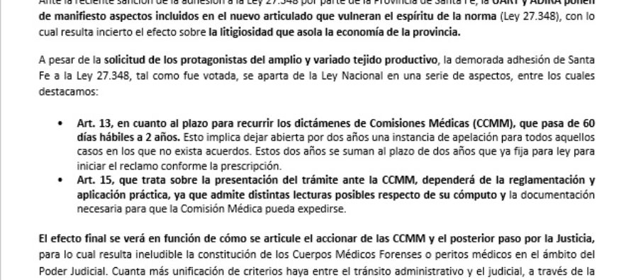 En Santa Fe se aprobó la adhesión a la Ley de ART aunque es incierto el efecto sobre la litigiosidad