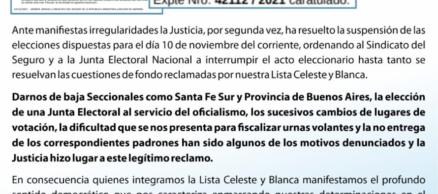 ¡ANTEPENÚLTIMO MOMENTO! Suspenden las elecciones en el SINDICATO DEL SEGURO: Eran el 10-11, No serán el 10-11. Otra  vez Sopa, Otra vez Sola.