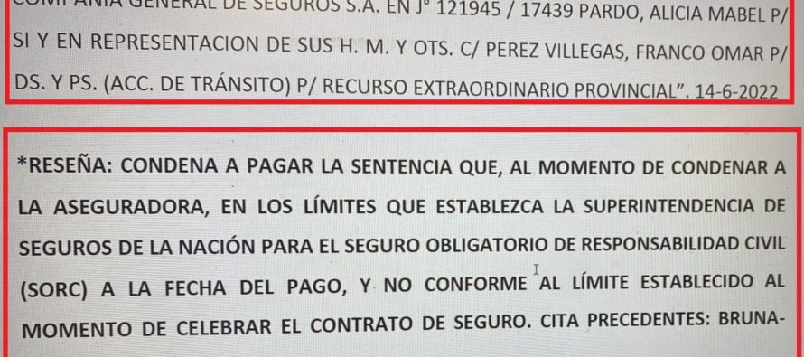 LIDERAR SEGUROS. FALLO X ACTUALIZACIÓN SUMA ASEGURADA X SORC SUPREMA CORTE MENDOZA: se debe actualizar al dictar sentencia, Siniestro 4-2021 y fallo 6-2022.