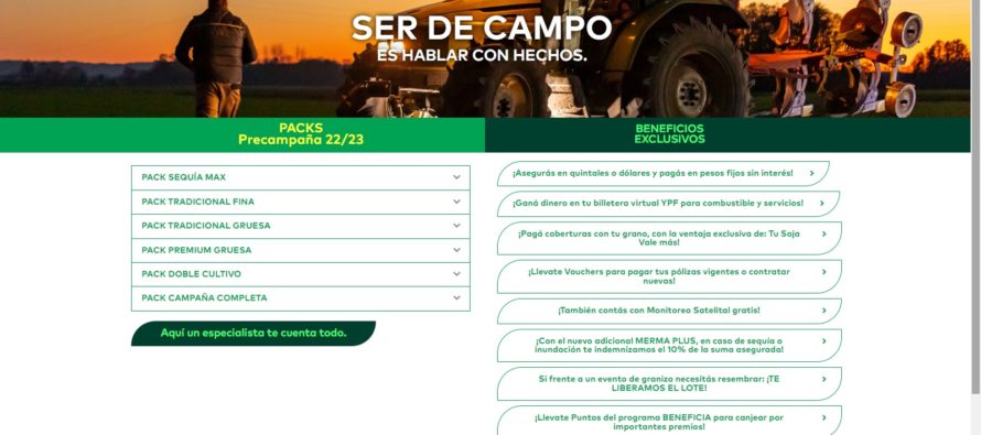 Campo: lanzan nuevos beneficios en seguros agropecuarios Bajo el lema “Ser de campo es hablar con hechos”, Sancor Seguros presentó su nueva campaña comercial de seguros agropecuarios que renueva y amplía los beneficios para el campo argentino