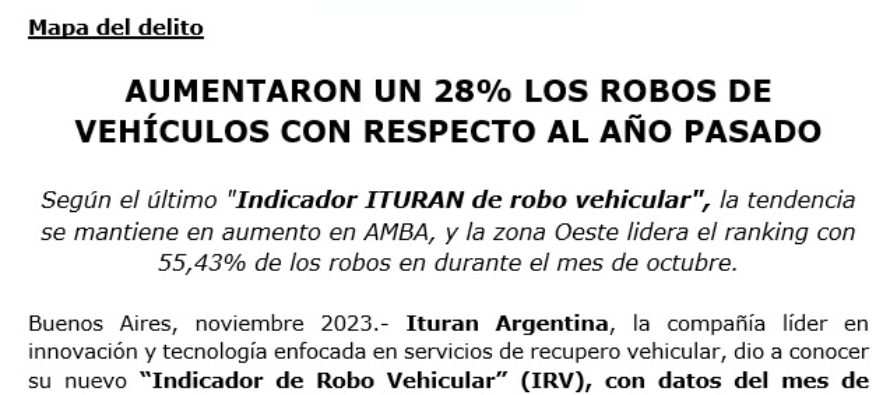 AUMENTARON UN 28% LOS ROBOS DE VEHÍCULOS CON RESPECTO AL AÑO PASADO. ÍNDICE ITURÁN OCTUBRE 2023